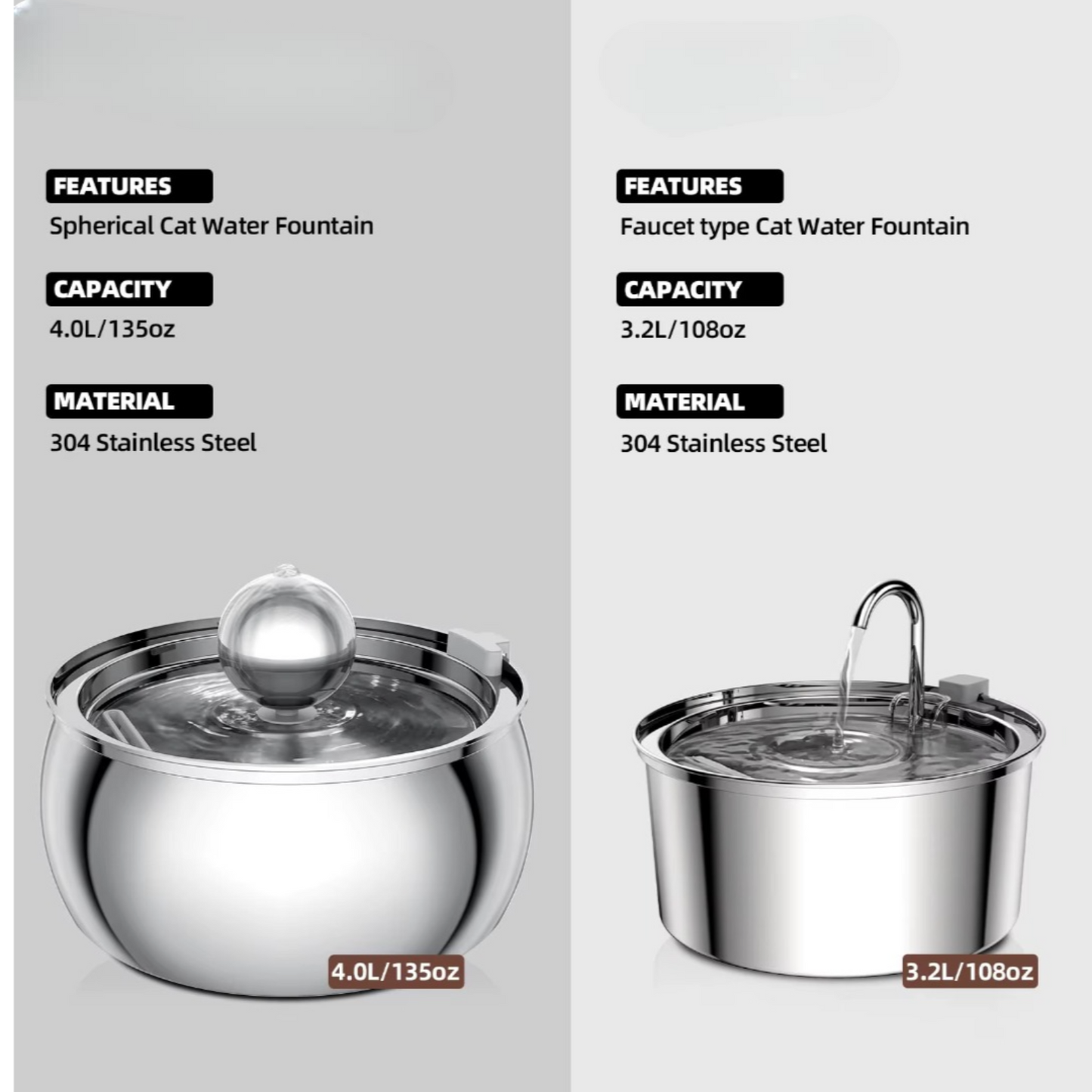 304 Stainless Steel Pet Water Fountain 4L/135 Oz with Faucet Silent Filter Automatic Dog Water Fountain Live Water Circulation